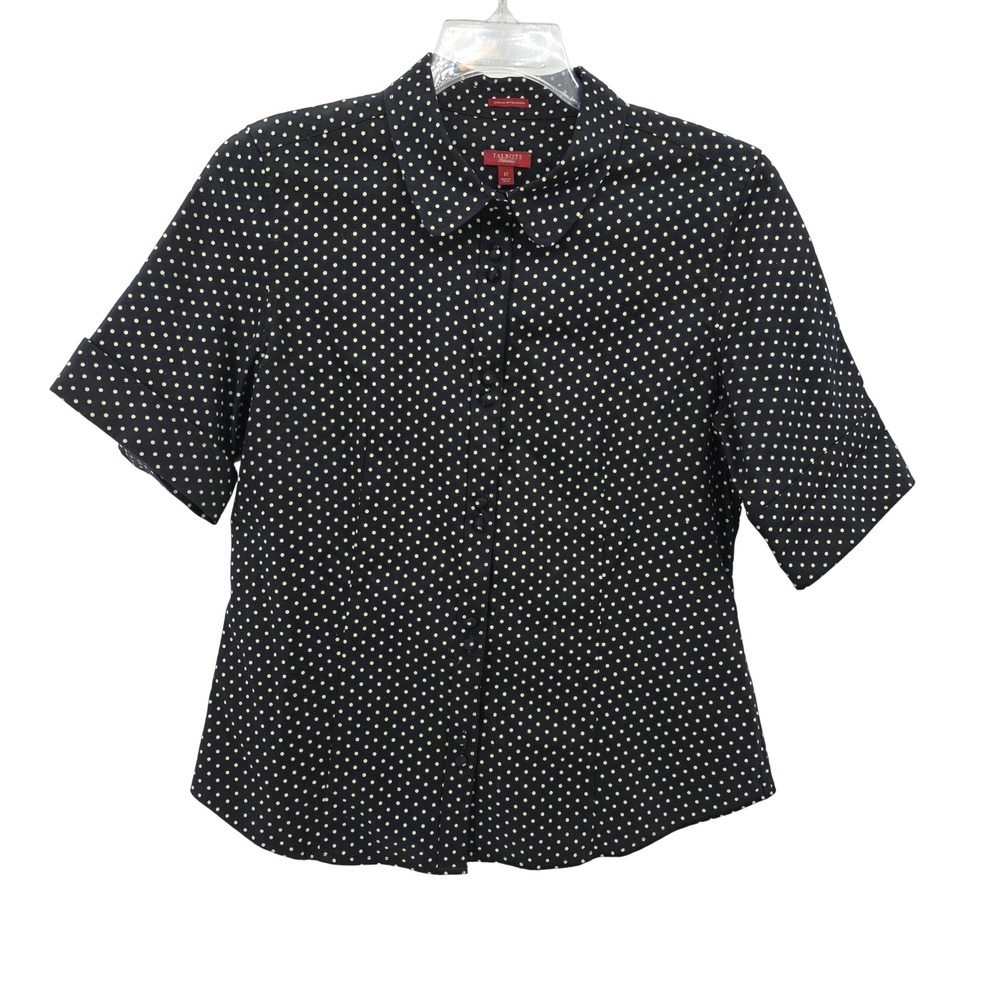 Talbots Haberdashery Womens 12 Black Polka‎ Dot Stretch Cotton Sateen Shirt